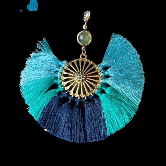 Statement Earrings From Express Boho Tropical Bold Gold & Shades of Blue Fringe - Picture 3 of 13